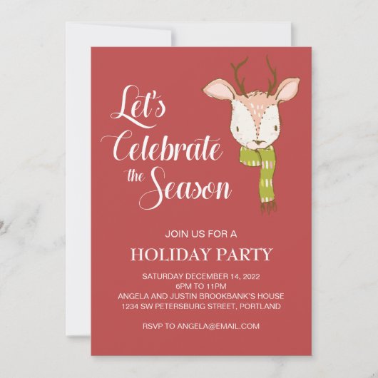 Invitation Red Rustic Woodland Deer avec Scarf Fête (Devant)