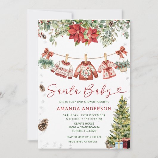 Invitation Red Santa Baby Christmas Clothlines Baby Shower (Devant)