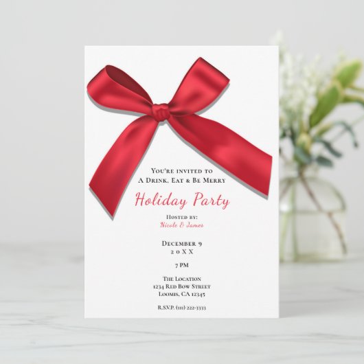 Invitation Red Satin Bow Blanc Minimal Classic Holiday (Debout devant)