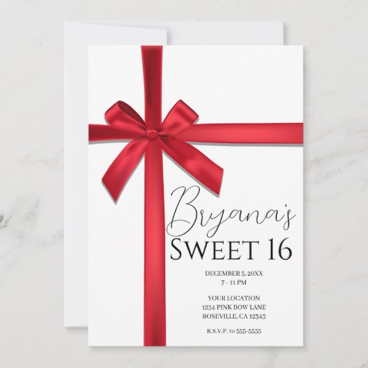 Invitation Red Satin Ruban Bow Sweet 16 Anniversaire (Devant)