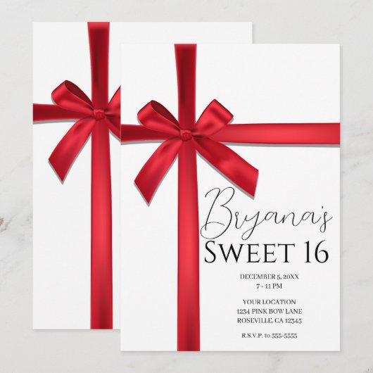 Invitation Red Satin Ruban Bow Sweet 16 Anniversaire (Devant / Derrière)