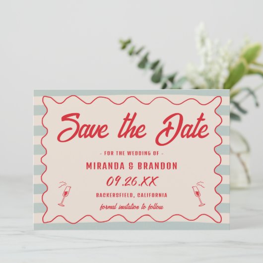 Invitation Red Script Blue Lines Retro QR Code Save the Date (Debout devant)