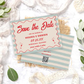 Invitation Red Script Blue Lines Retro QR Code Save the Date