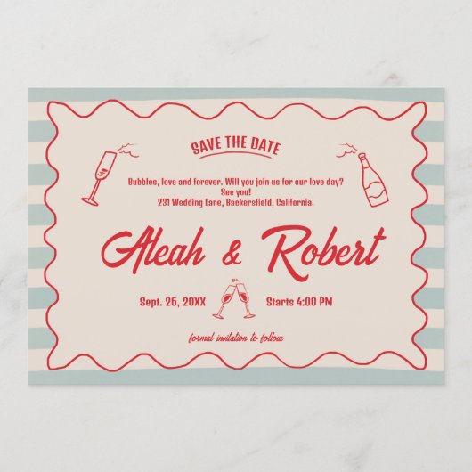 Invitation Red Script Blue Lines Retro Wedding Save the Date (Devant)
