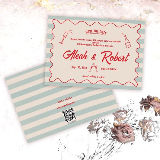 Invitation Red Script Blue Lines Retro Wedding Save the Date