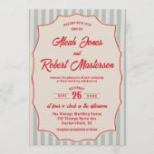 Invitation Red Script Blue Stripe Retro QR Code Photo Wedding (Devant)