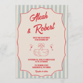 Invitation Red Script Blue Stripes QR Code Retro Wedding (Devant)