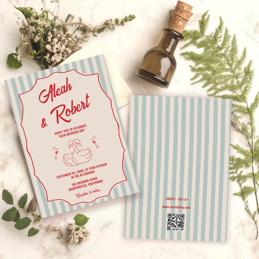 Invitation Red Script Blue Stripes QR Code Retro Wedding
