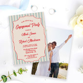 Invitation Red Script Blue Stripes Retro Photo Engagement
