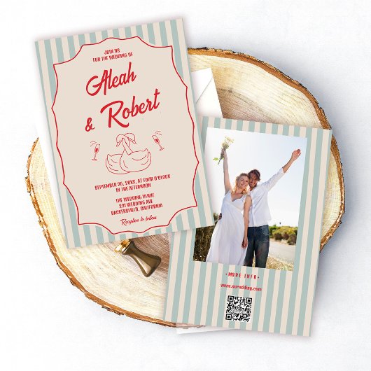 Invitation Red Script Blue Stripes Retro Photo Wedding