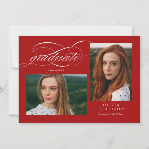 Invitation Red Script QR Code 3 Photo Graduation Party