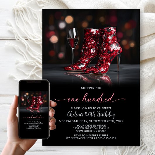 Invitation Red Sequin Boots 100th Birthday Party