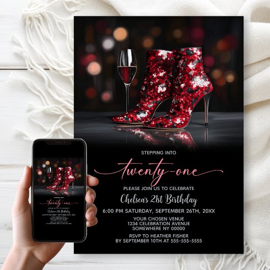Invitation Red Sequin Boots 21st Birthday Party