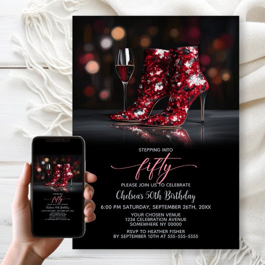 Invitation Red Sequin Boots 50th Birthday Party