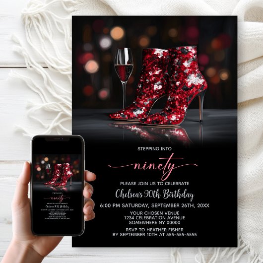 Invitation Red Sequin Boots 90th Birthday Party
