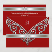 Invitation Red Silver Diamond Swirls 21ème fête d'anniversair (Devant / Derrière)