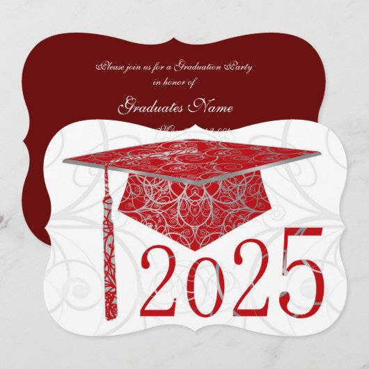 Invitation Red & Silver Floral Casquette 2025 Graduation Part (Devant / Derrière)