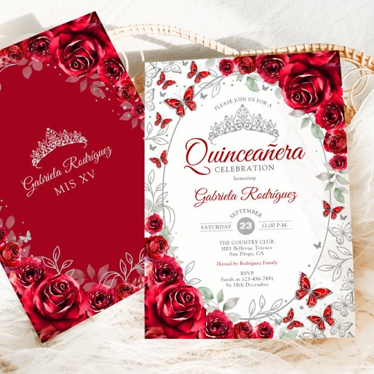Invitation Red Silver Floral Quinceanera