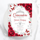 Invitation Red Silver Floral Quinceanera