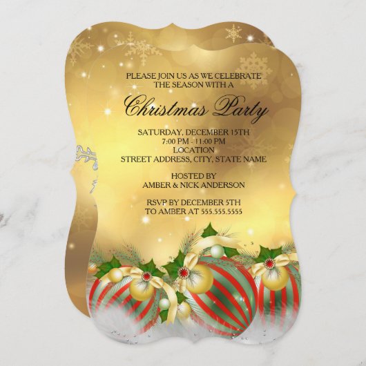 Invitation Red Silver Gold Holly Baubles Noël (Devant / Derrière)