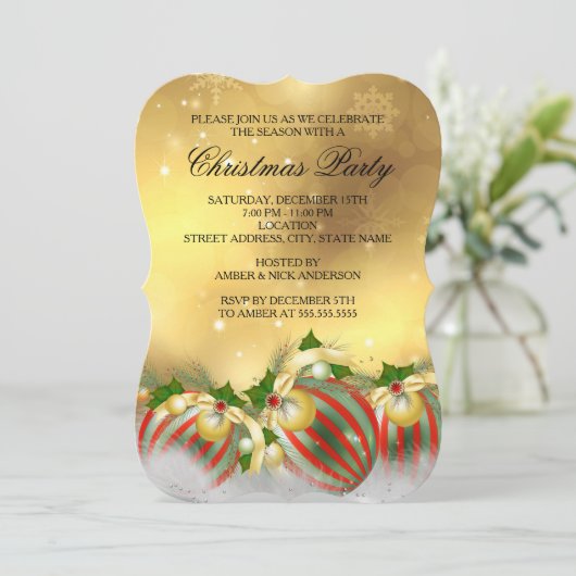 Invitation Red Silver Gold Holly Baubles Noël (Debout devant)