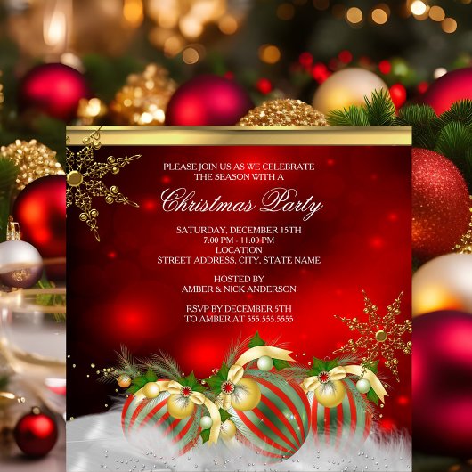 Invitation Red Silver Gold Holly Baubles Noël Party 3