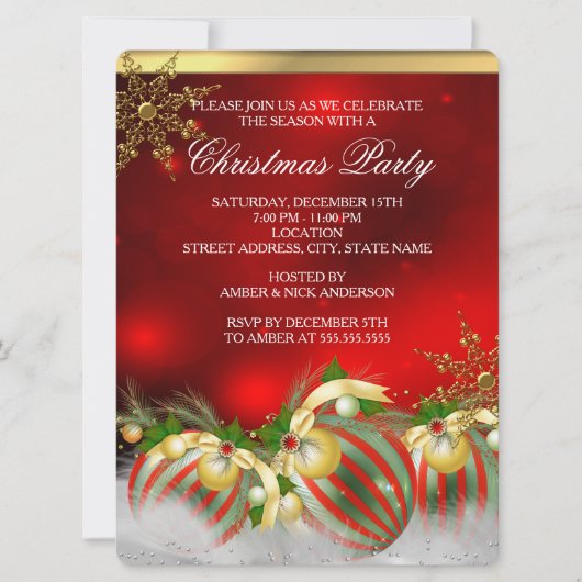 Invitation Red Silver Gold Holly Baubles Noël Party 3 (Devant)