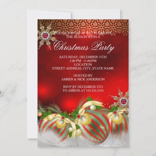 Invitation Red Silver Gold Holly Baubles Noël Party new2 (Devant)