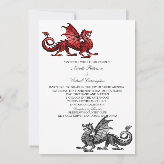 Invitation Red Silver Medieval Dragon Wedding (Devant)