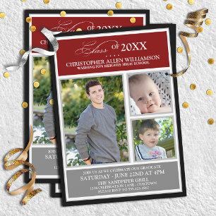 Invitation Red Silver Photo Graduation Party