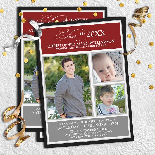 Invitation Red|Silver Photo Graduation Party