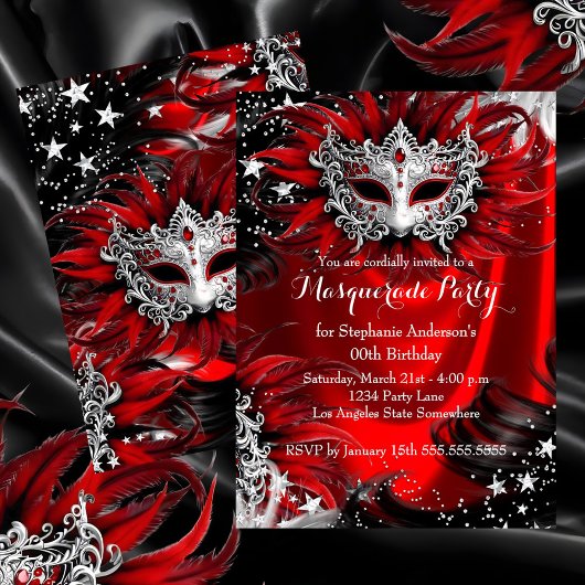 Invitation Red Silver Sparkle Magical Night Masquerade Party
