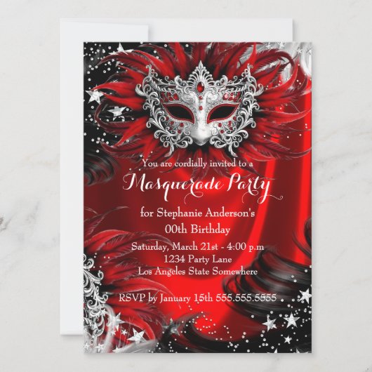 Invitation Red Silver Sparkle Magical Night Masquerade Party (Devant)