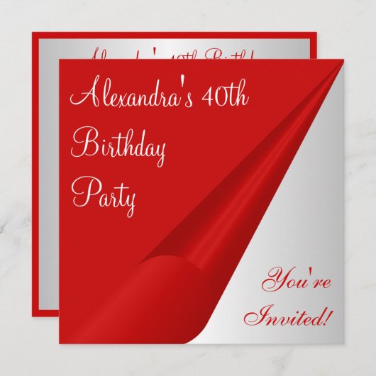 Invitation Red Silver White 40e fête d'anniversaire (Devant / Derrière)