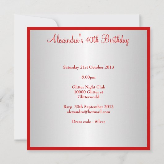 Invitation Red Silver White 40e fête d'anniversaire (Dos)