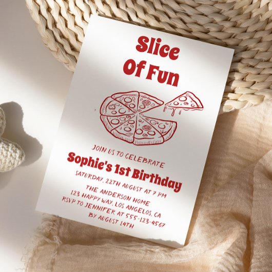 Invitation Red Slice of Fun Pizza First Birthday Party  