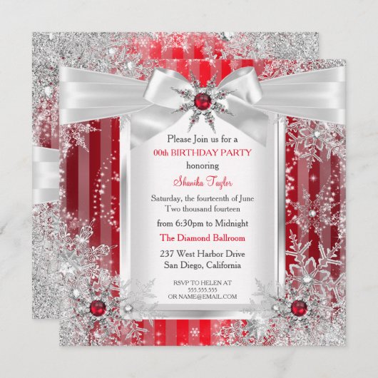 Invitation Red Snowflake Silver Bow Winter Wonderland Party (Devant / Derrière)