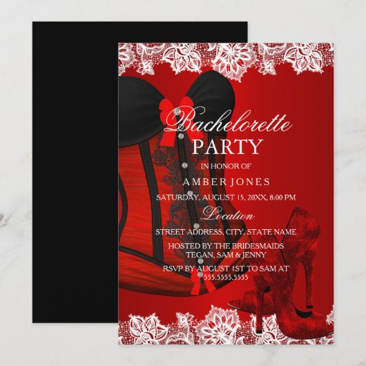 Invitation Red Sparkle Heels & Lace Corset Bachelorette (Devant / Derrière)