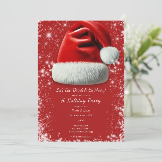 Invitation Red Sparkle Santa Hat Fête de Noël (Debout devant)