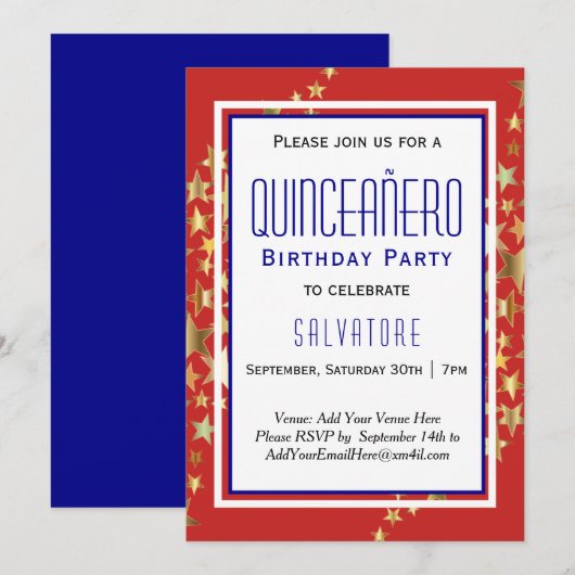 Invitation Red Stars Quinceañero 15e anniversaire GARÇON (Devant / Derrière)