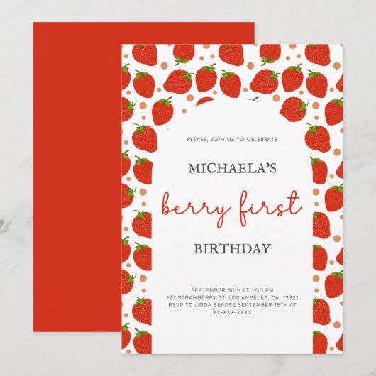Invitation Red Strawberries Motif Berry Premier anniversaire (Devant / Derrière)