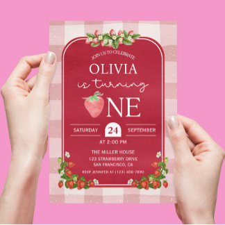 Invitation Red Strawberry 1st Birthday Girl Party