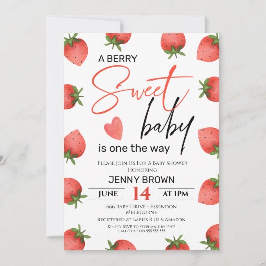 Invitation Red Strawberry Berry Sweet Baby Baby shower (Devant)