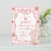 Invitation Red Strawberry Daisy Coquette Berry 1st Birthday (Debout devant)