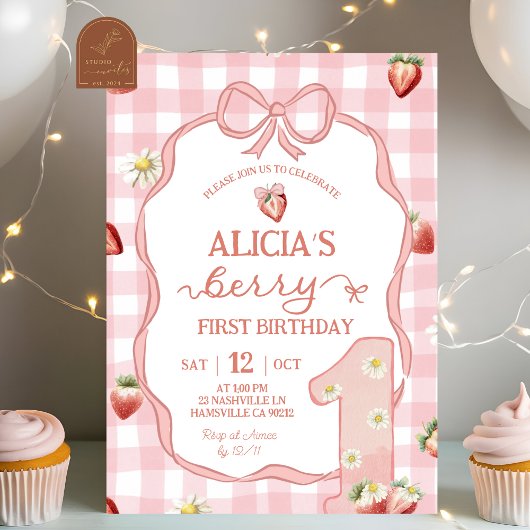 Invitation Red Strawberry Daisy Coquette Berry 1st Birthday