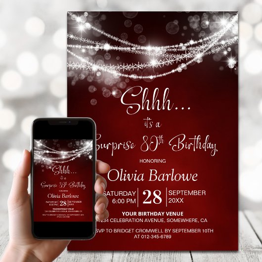 Invitation Red String Lights Surprise 80e fête d'anniversaire