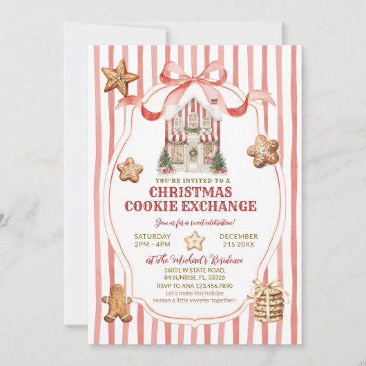 Invitation Red Stripes Bow Gingerbread House Cookies Exchange (Devant)