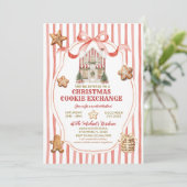 Invitation Red Stripes Bow Gingerbread House Cookies Exchange (Debout devant)