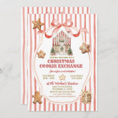 Invitation Red Stripes Bow Gingerbread House Cookies Exchange (Devant / Derrière)
