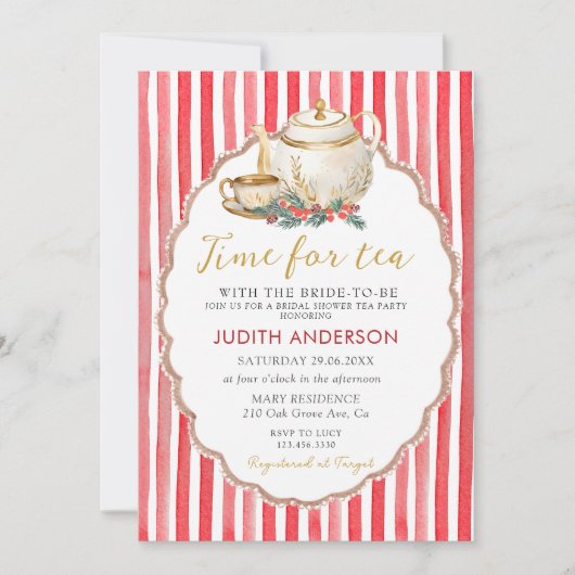 Invitation Red Stripes Christmas Tea Party Bridal Shower  (Devant)